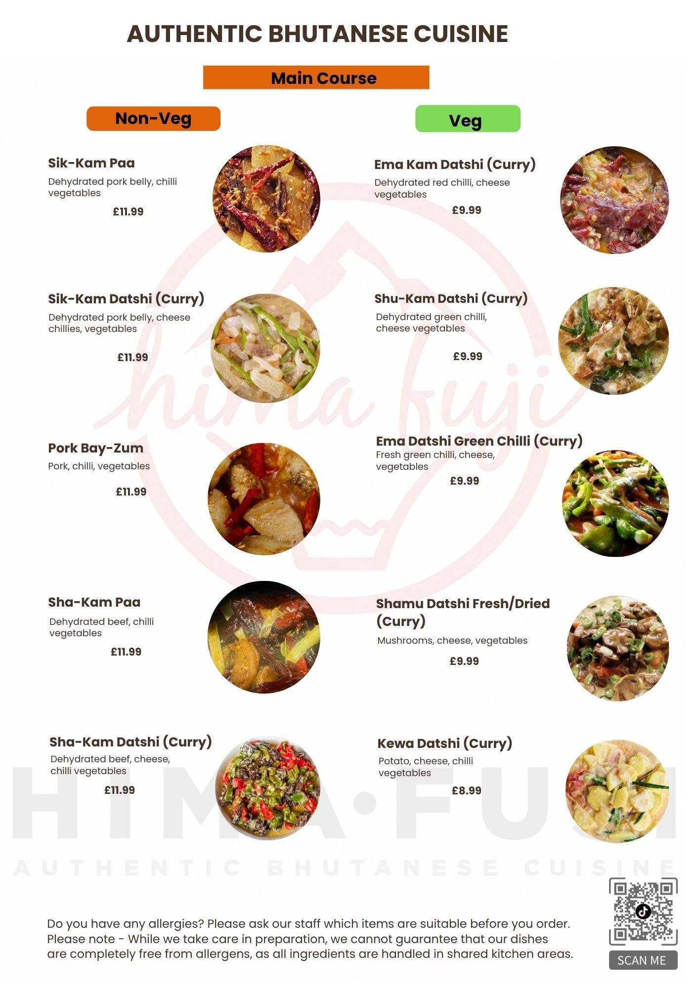 Hima-Fuji meat and vegetarian main courses menu