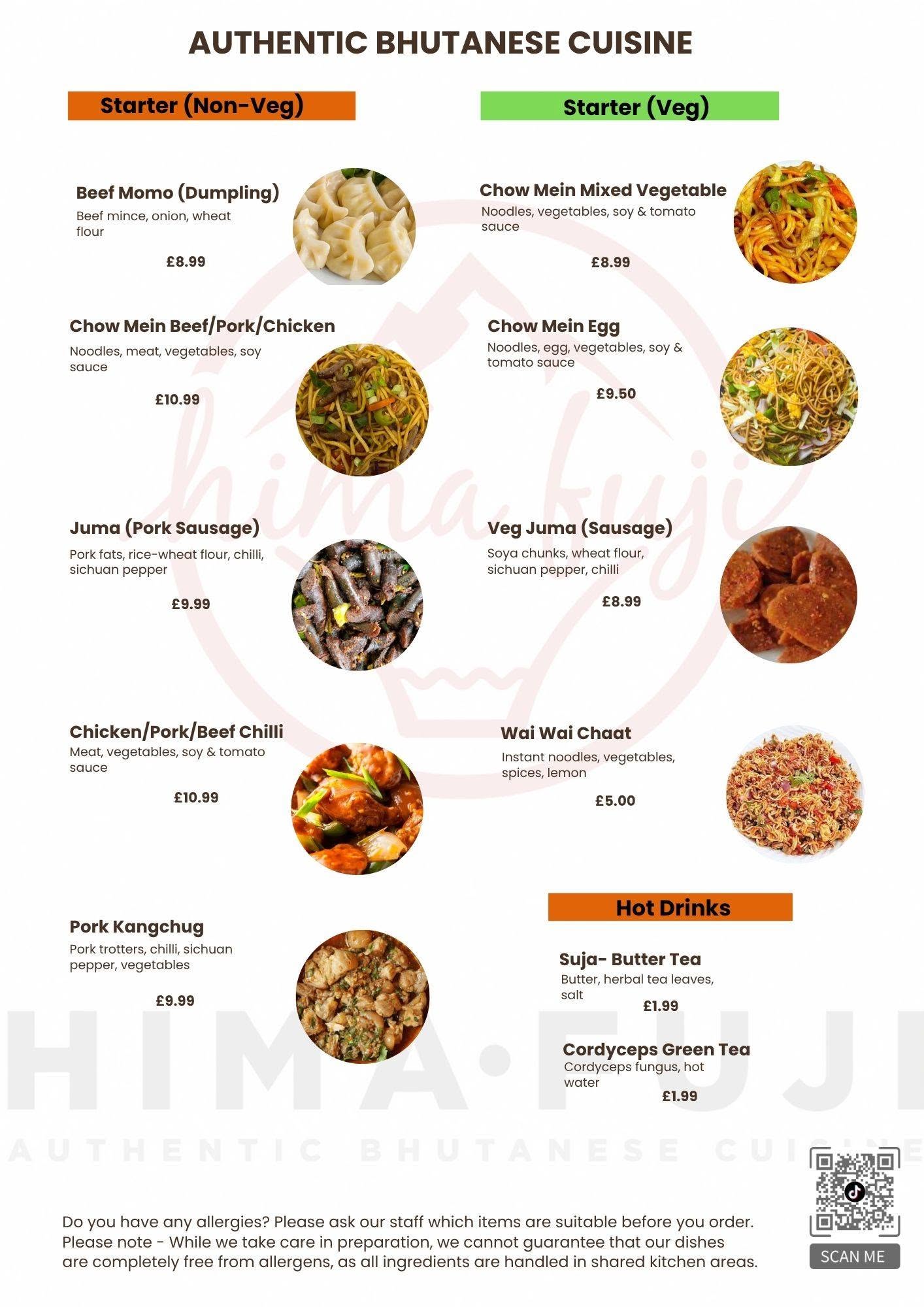 Hima-Fuji starters and hot drinks menu