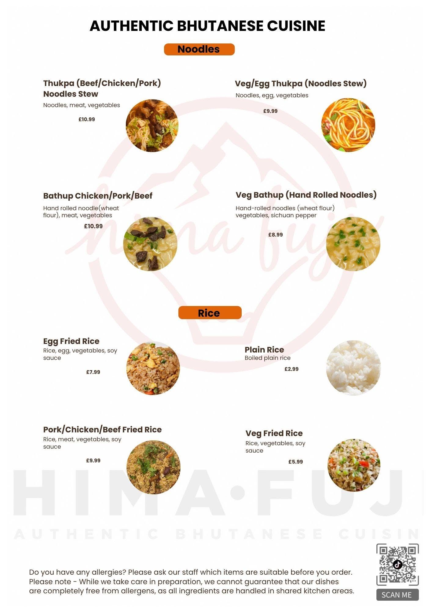 Hima-Fuji noodles and rice menu