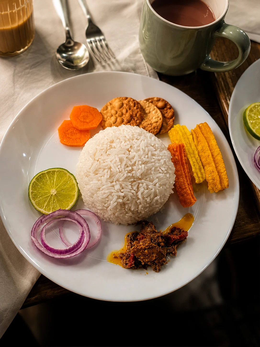 Bhutanese rice set with pickles, sliced onion and tea